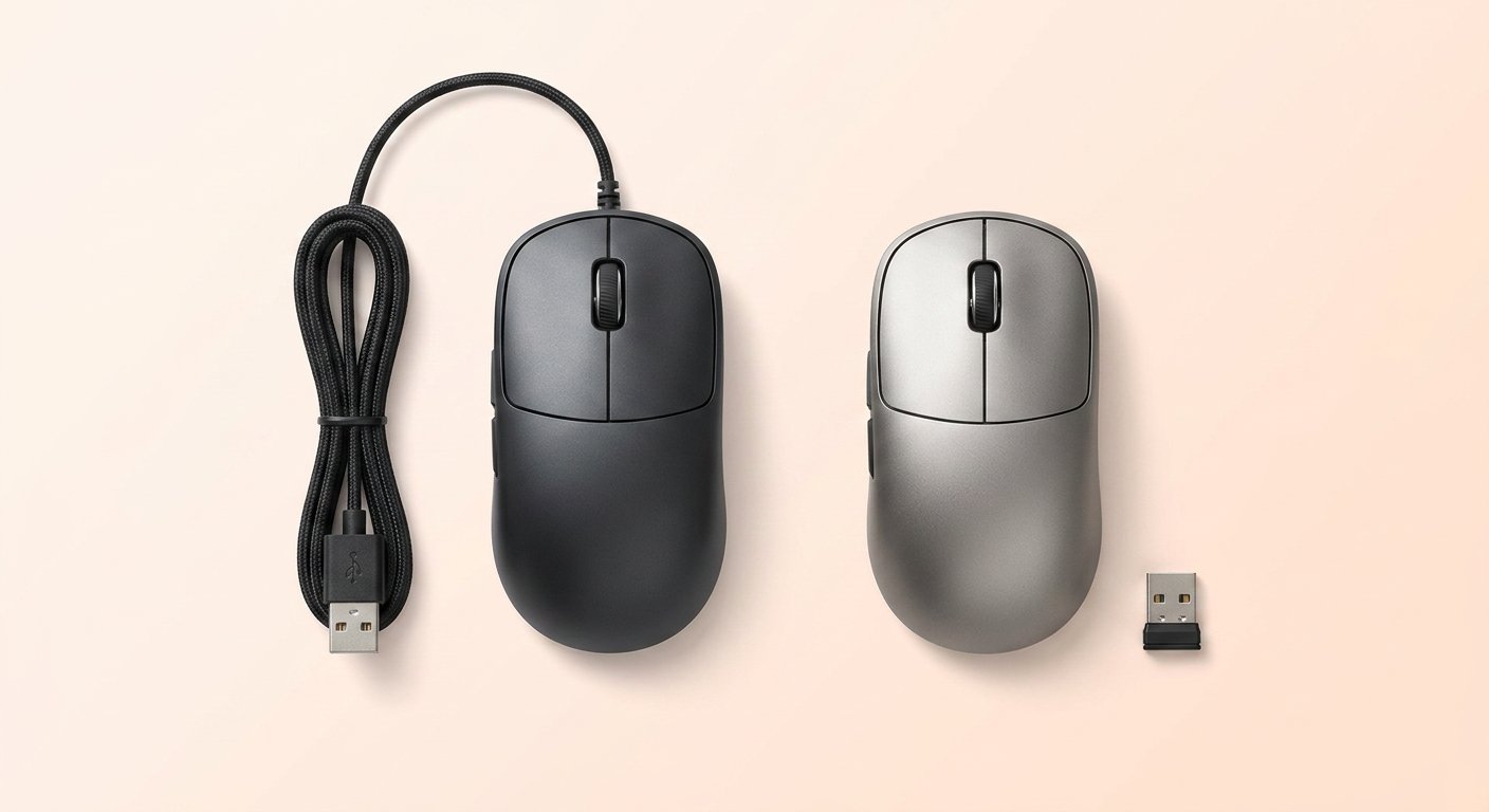 A wired computer mouse and a wireless computer mouse side by side on a light peach background