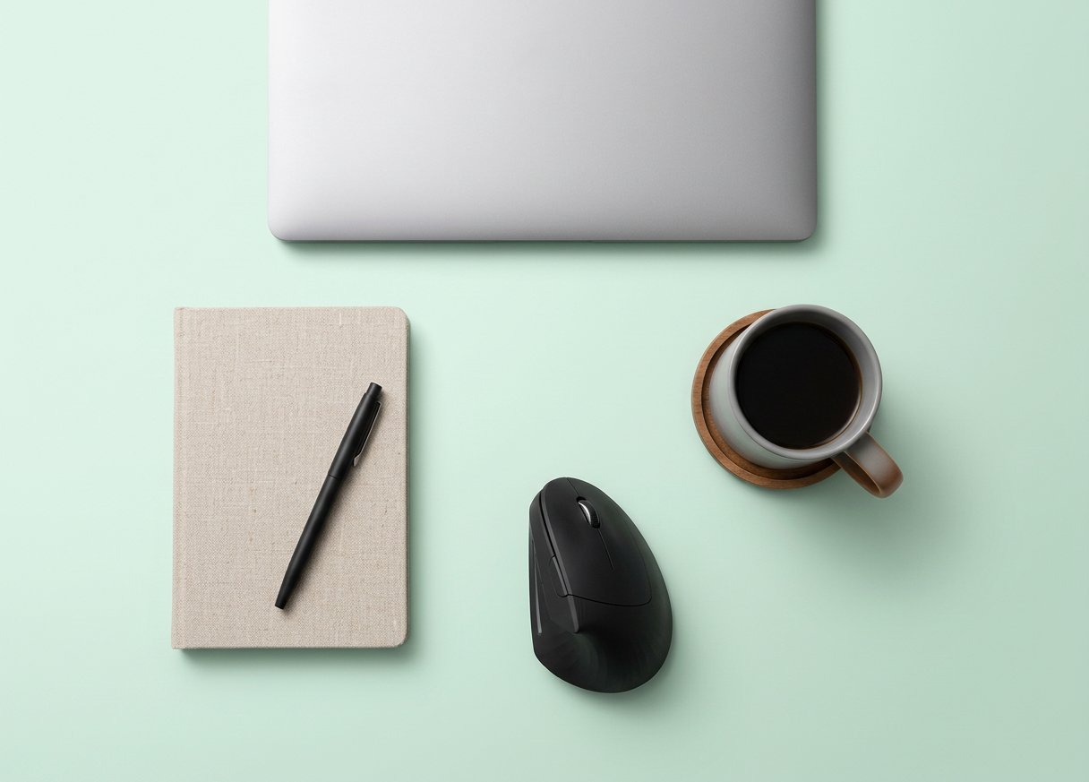 A computer mouse with a laptop, coffee cup and notebook on a light mint green background representing different use cases