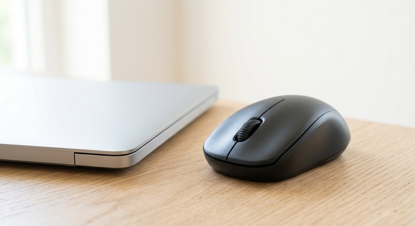 A generic ambidextrous wireless mouse next to a laptop on a light desk, no readable text or logos, soft daylight