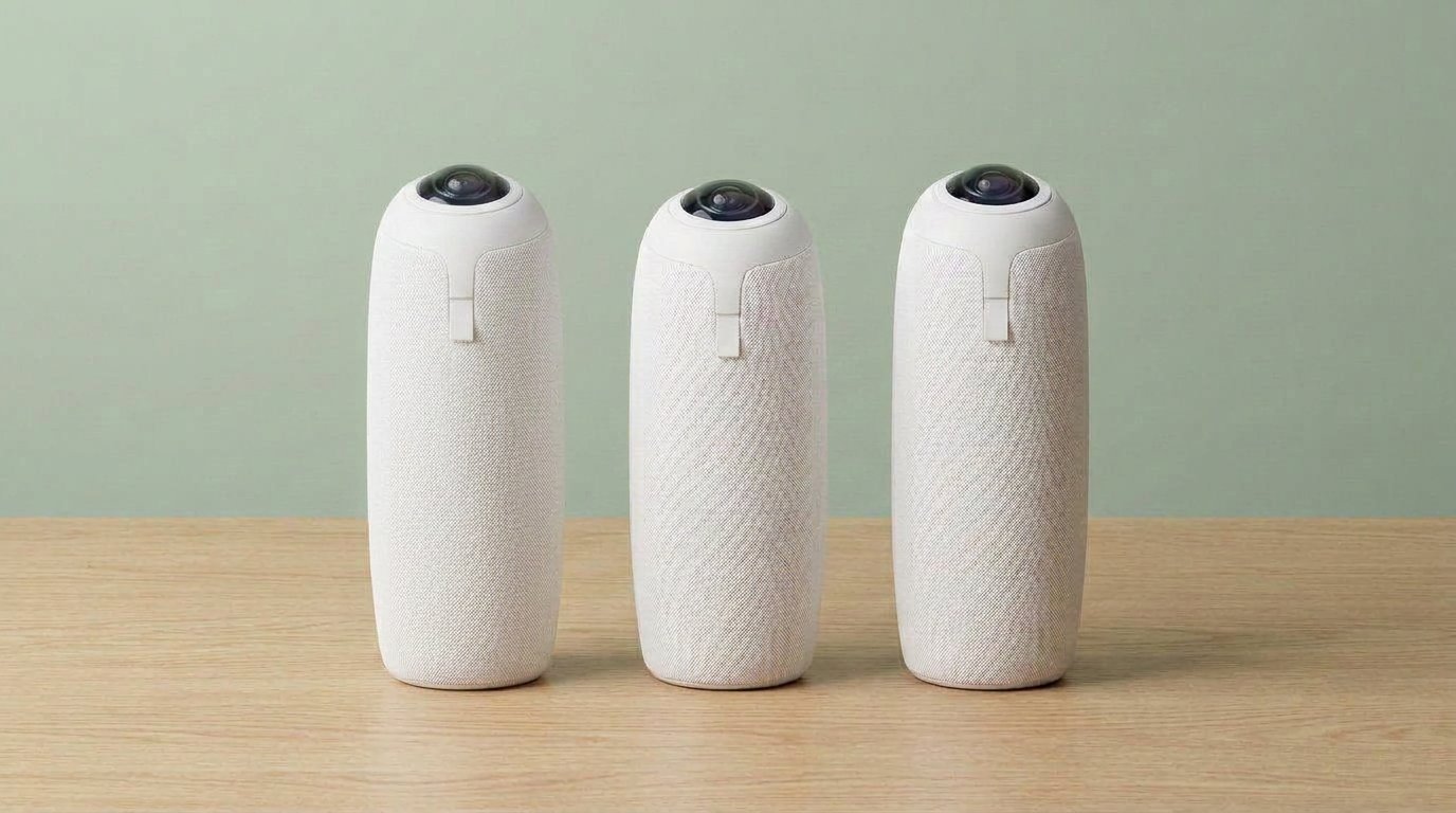 Three 360 meeting cameras on a light desk