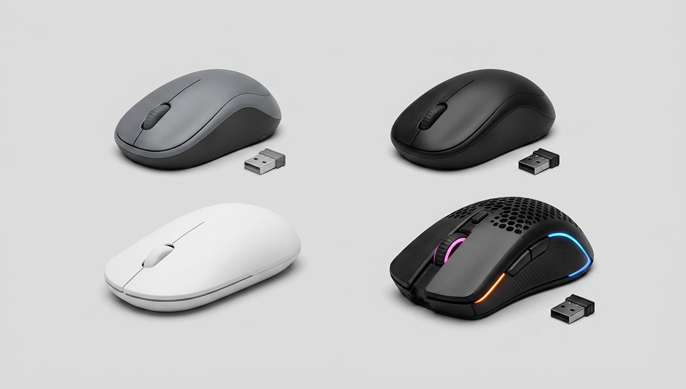 Four budget wireless mice on a light gray desk background