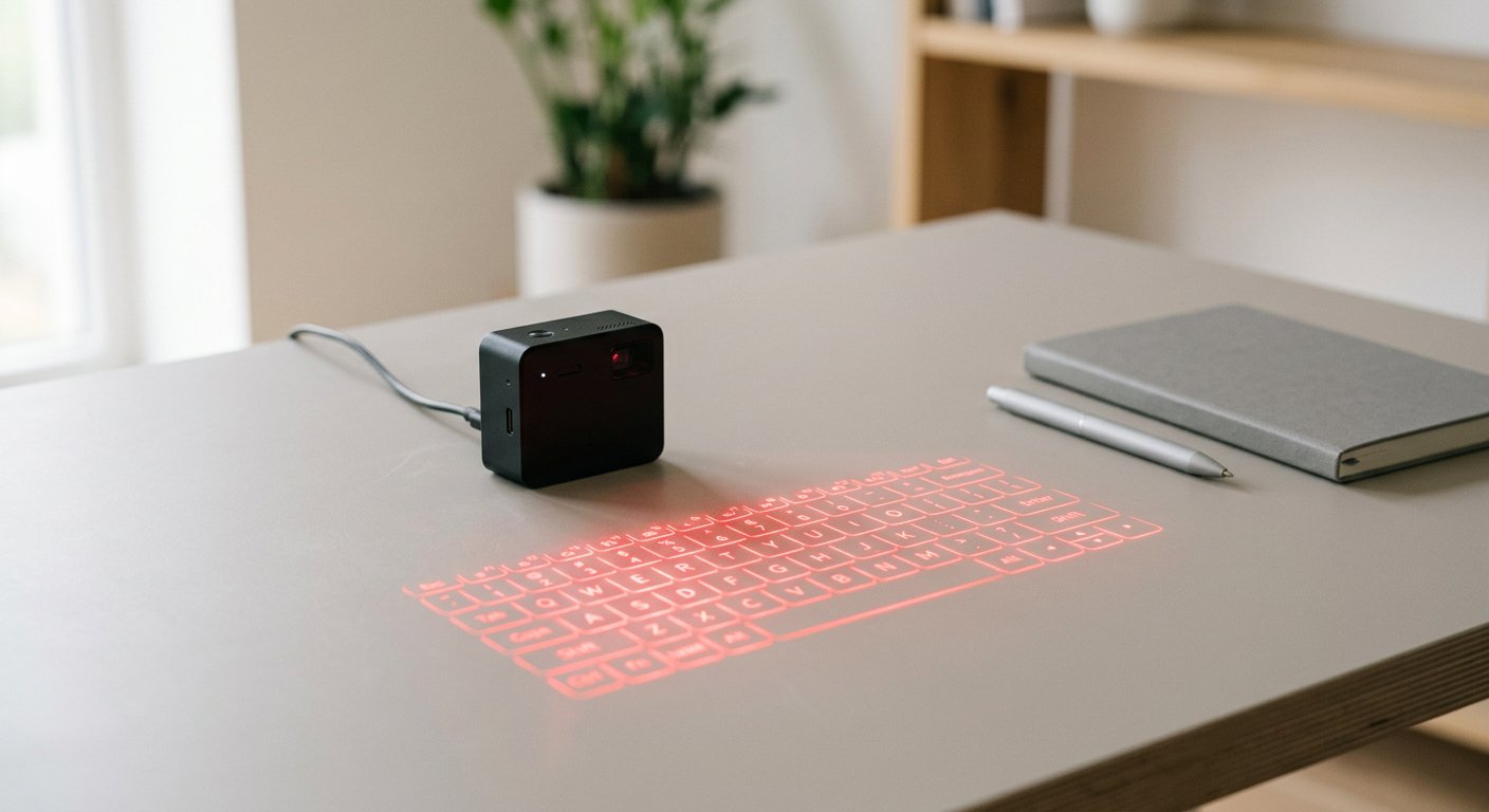 A small red laser keyboard projecting a glowing red key pattern onto a light gray desk