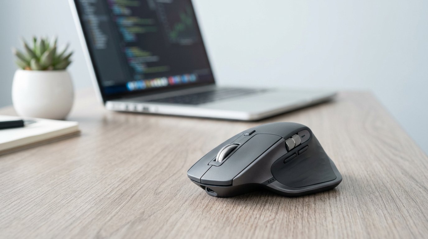 Best office mouse on a clean desk with a laptop in the background