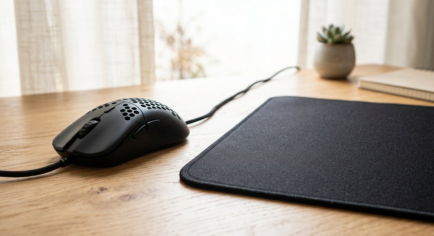 A lightweight gaming mouse on a light desk next to a mousepad, no readable text or logos
