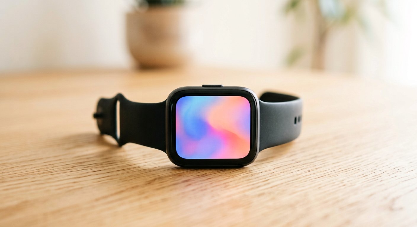 A modern smartwatch fitness band on a light surface, screen showing an abstract watch face, no readable text or logos