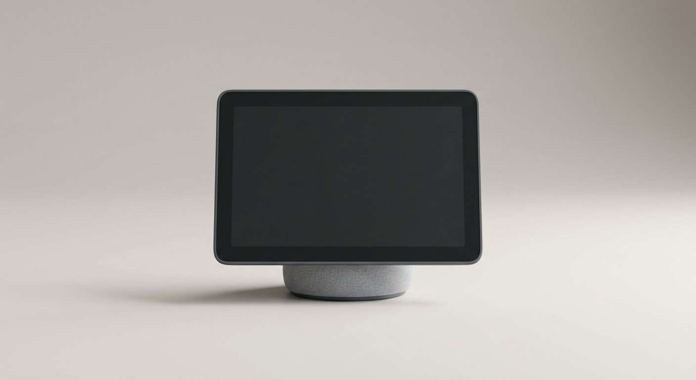 A landscape smart display screen on a compact rounded base in light gray, on a light warm-gray studio surface, soft daylight