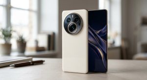 A cream-white flagship smartphone with a large dual-ring circular camera module on a light desk
