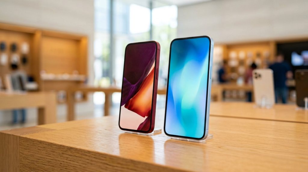 iPhone 18 Pro in burgundy and glacier colors on a store display table