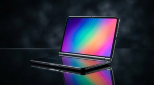iPhone Duo foldable half-open on a desk with glowing display