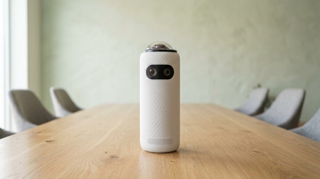 White Meeting Owl 4+ 360 camera on a light conference table