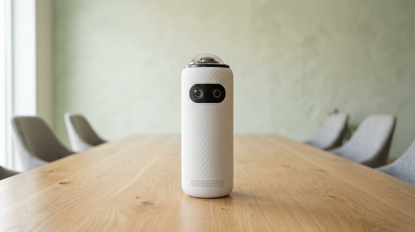 White Meeting Owl 4+ 360 camera on a light conference table