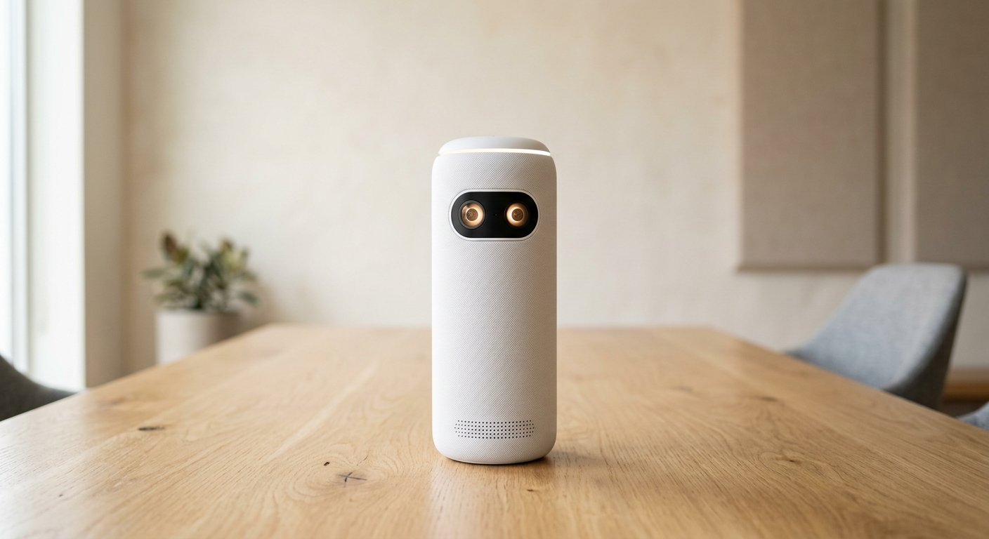 A white cylindrical 360-degree meeting camera with a glowing face on a light conference table