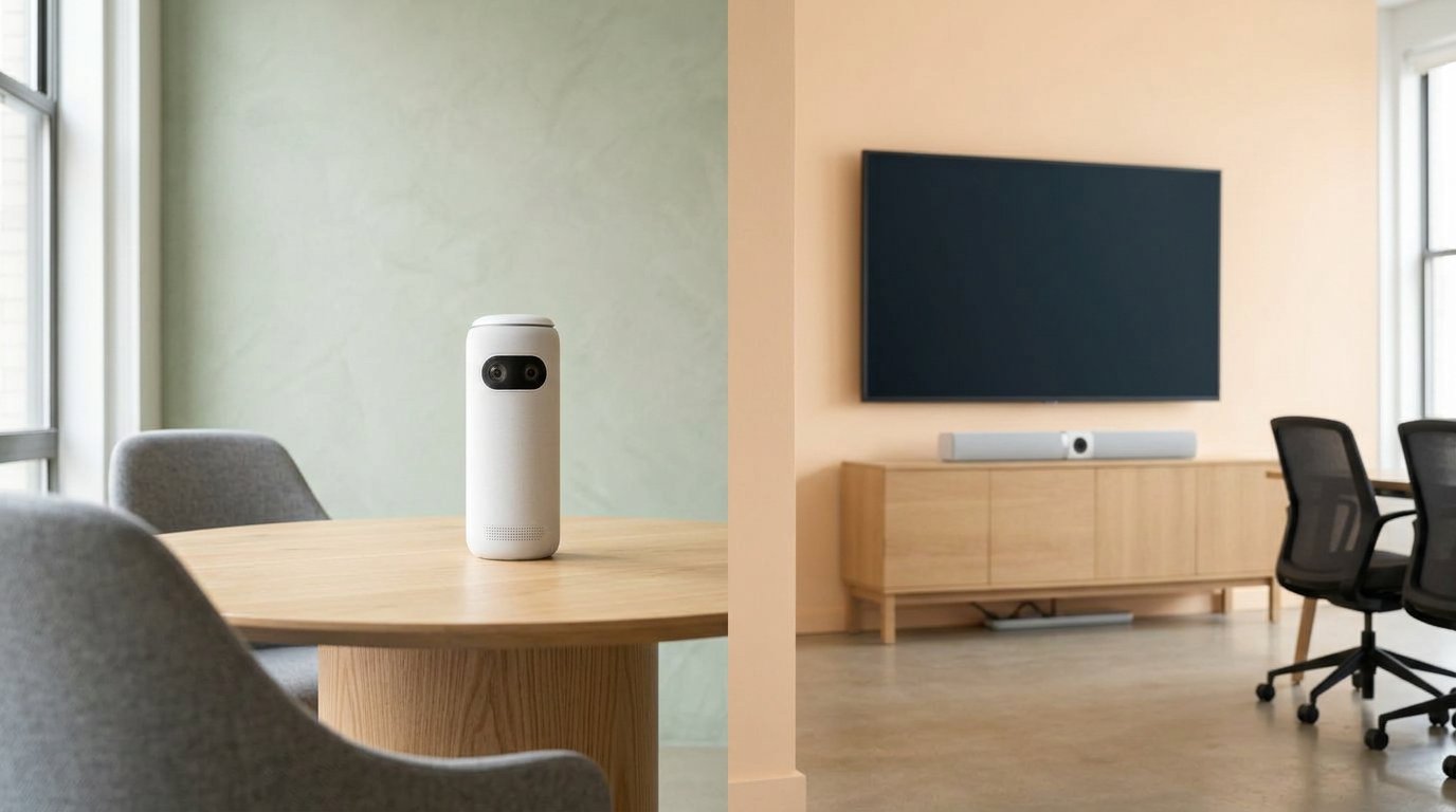 360 table camera on one side and a front-of-room video bar under a TV