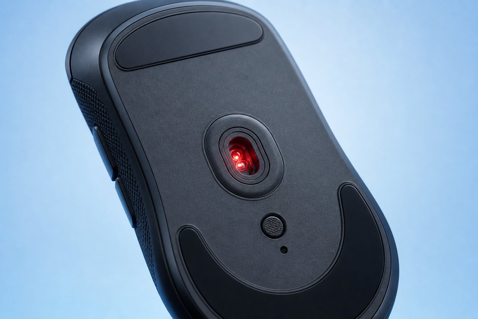 A close-up of a gaming mouse optical sensor on a light blue background