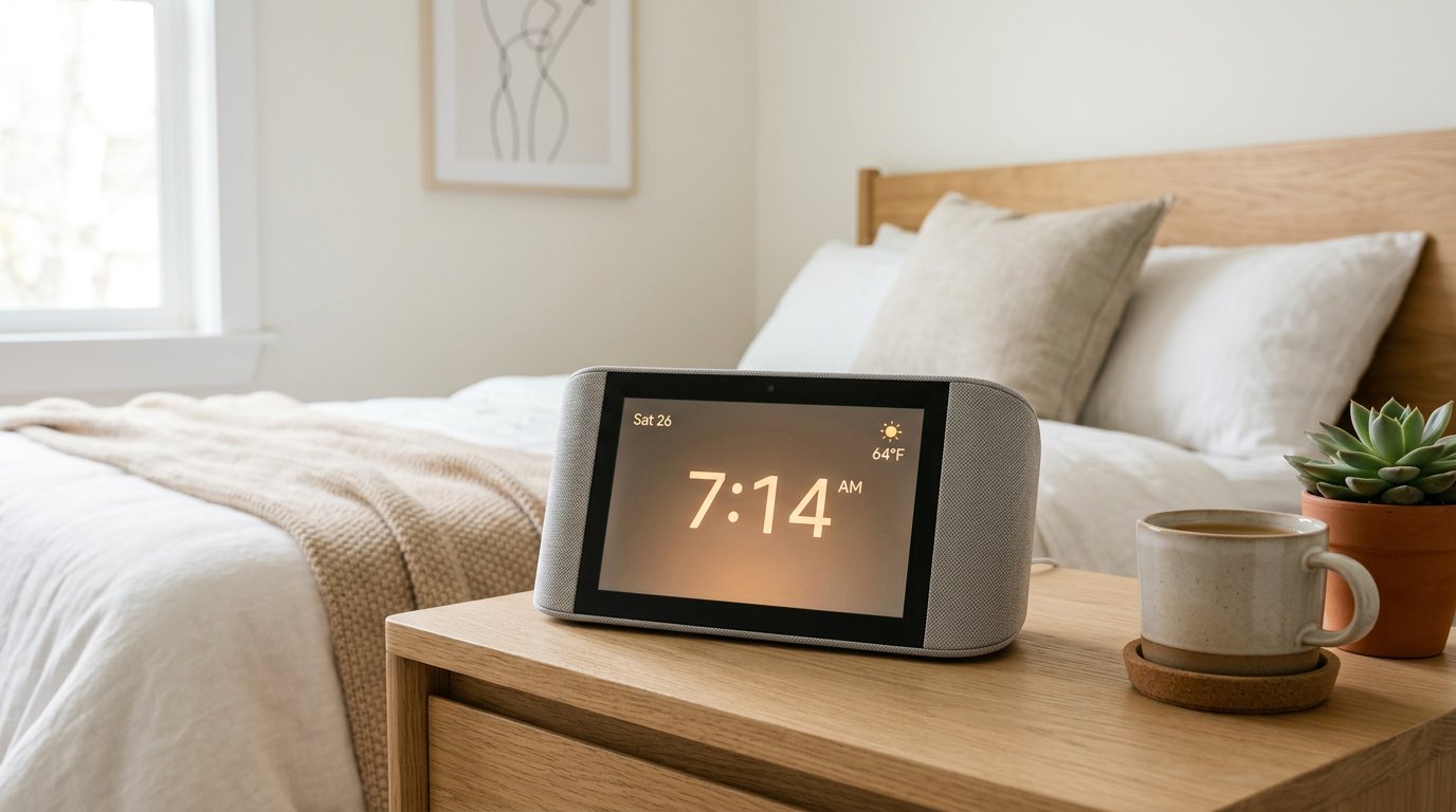 A modern 7-inch smart display speaker with fabric-mesh side panels and a slim touchscreen, landscape orientation, on a light wooden nightstand in a bright bedroom, soft morning light