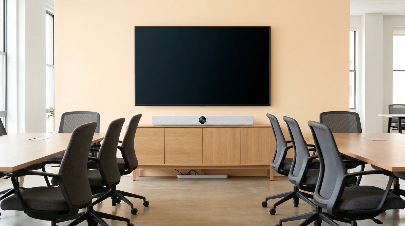 White conference camera bar under a blank TV in a meeting room