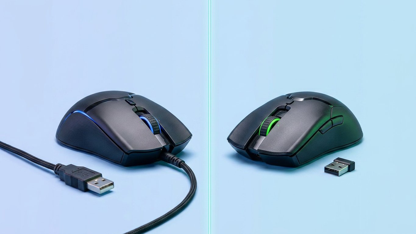 A wired mouse and wireless mouse side by side on a light blue background for comparison