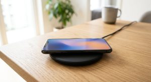 A flat round wireless charging pad on a light desk with a phone on it, no readable text or logos